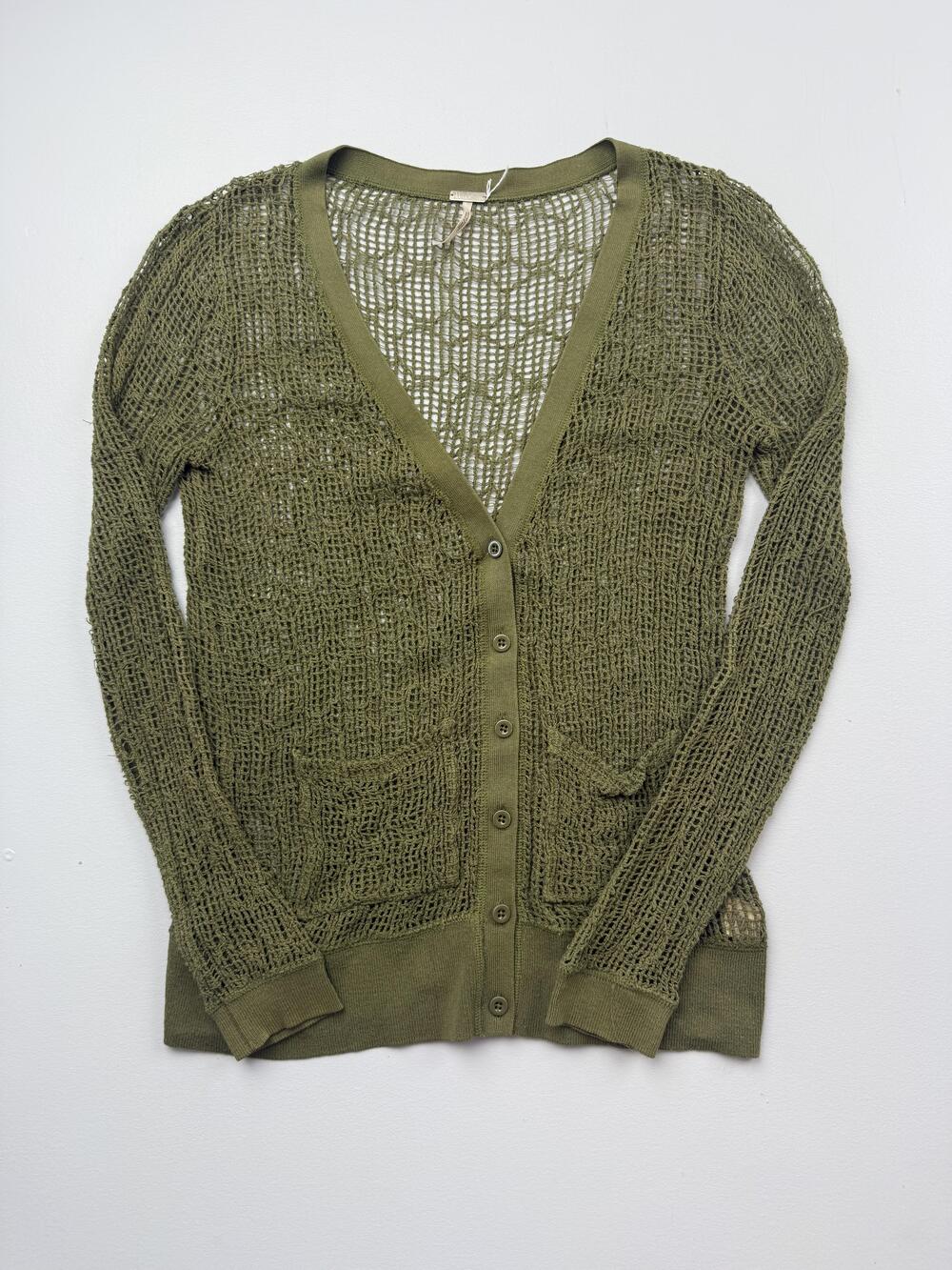 FP Beach Sweater Cardigan Womens Medium Green V Neck Open Knit Sheer Lightweight